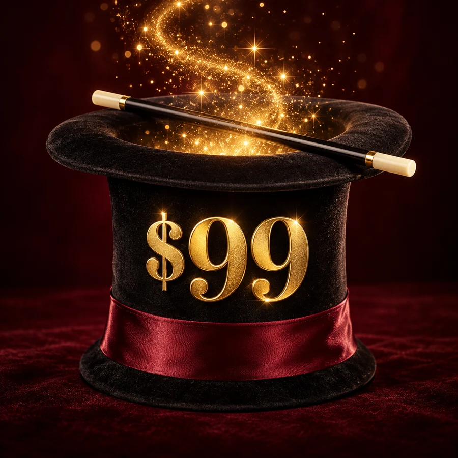 Black magician’s top hat with a golden $99 on the front, a wand and magical sparks